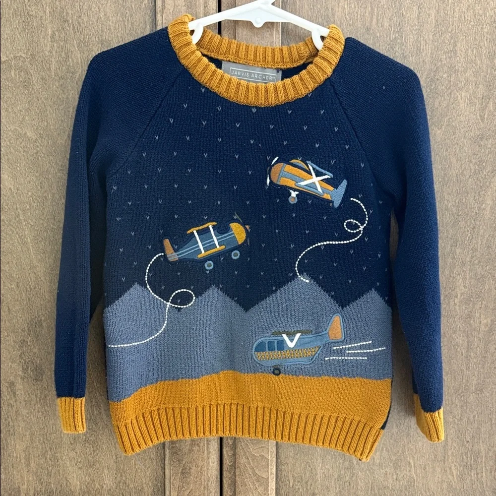 Kids Airplane Sweater - Navy and Mustard, Jarvis Archer 4T